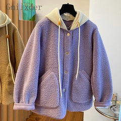 Threebooy Simple Niche Splicing Detachable Knitted Hooded Coat Women Autumn Winter Velvet Loose Casual Lamb Wool Warm Button Top