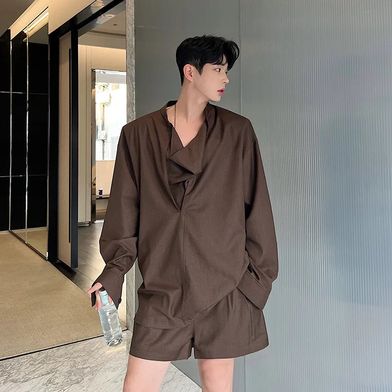 Threebooy Korea Fashion Spring Male Casual Casual Set Solid Color Personality Lapel Short Sleeve Men's Short Pants Top 2-piece set