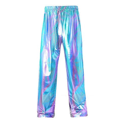 Threebooy  Men's Holographic Shiny Pants Elastic Waist High Waist Straight Loose Trousers Streetwear Party Clubwear