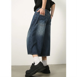 Threebooy American Retro Summer Calf-Length Denim Pants Jeans Men High Street Over Knee Wide Leg Straight Shorts Casual Oversized Shorts