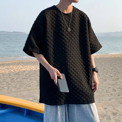 Threebooy Hong Kong Style Fashionable High-end Short-sleeved Versatile Half-sleeved Oversize Solid Color Simple Waffle Trendy Loose Top