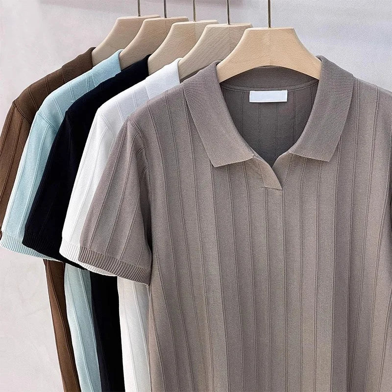 Threebooy  New Men's Clothing Luxury Business V Neck Polo Shirt Casual Slim-fit Knitted Solid Color Short Sleeve T-shirt High Quality Tops