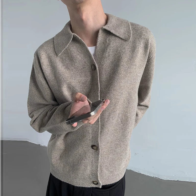 Threebooy  New Korean Fashion Men Cardigan Jacket Light Luxury Knitted Polo Neck Long Sleeve Sweater Coat Casual Retro Solid Color Knitwear