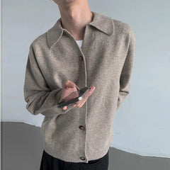 Threebooy  New Korean Fashion Men Cardigan Jacket Light Luxury Knitted Polo Neck Long Sleeve Sweater Coat Casual Retro Solid Color Knitwear