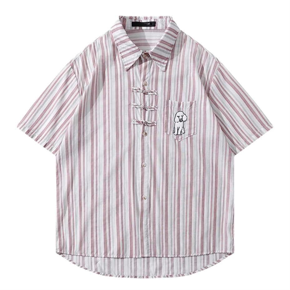 Threebooy  Summer Short Sleeve Shirts Men Streetwear Hip Hop Puppy Embroidery Striped Shirt for Men Oversized Harajuku Pink Casual Blouse