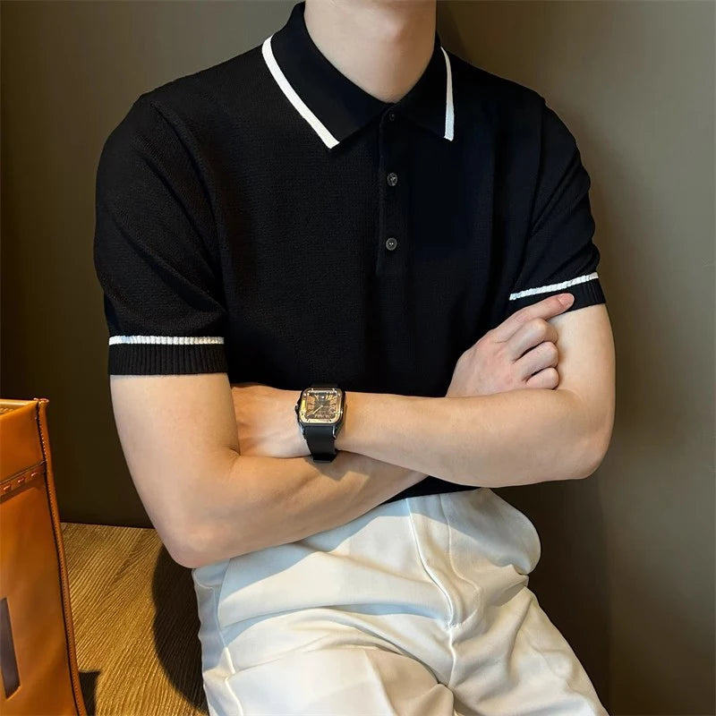 Threebooy New Men Fashion Tops Light Luxury Style Leisure Knitted Polo Shirt Casual Fitness Solid Color Short Sleeve Breathable Tees M-3XL