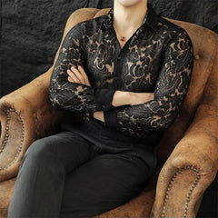 Threebooy  Sexy Mesh See Through Flower Lace Sheer Shirt for Men Long Sleeve Casual Shirts Social Party Tuxedo Nightclub Event Prom Shirts