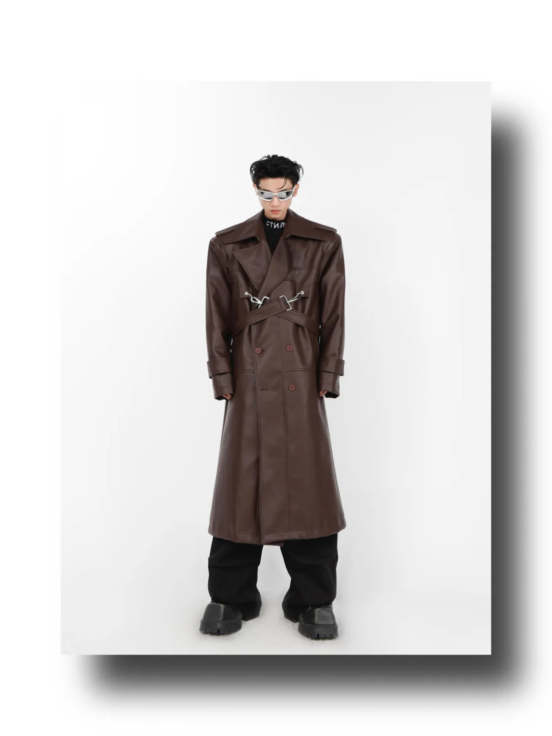 Threebooy Niche Pu Leather Coat Metal Zipper Double-layer Splicing Design Windbreaker Over Knee Jacket Men High Street Top Punk Streetwear