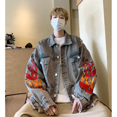 Threebooy Flame Embroidery Perforated Denim Coat Men's Spring and Autumn Street Fashion Brand Hip Hop Loose Couple Retro Jacket