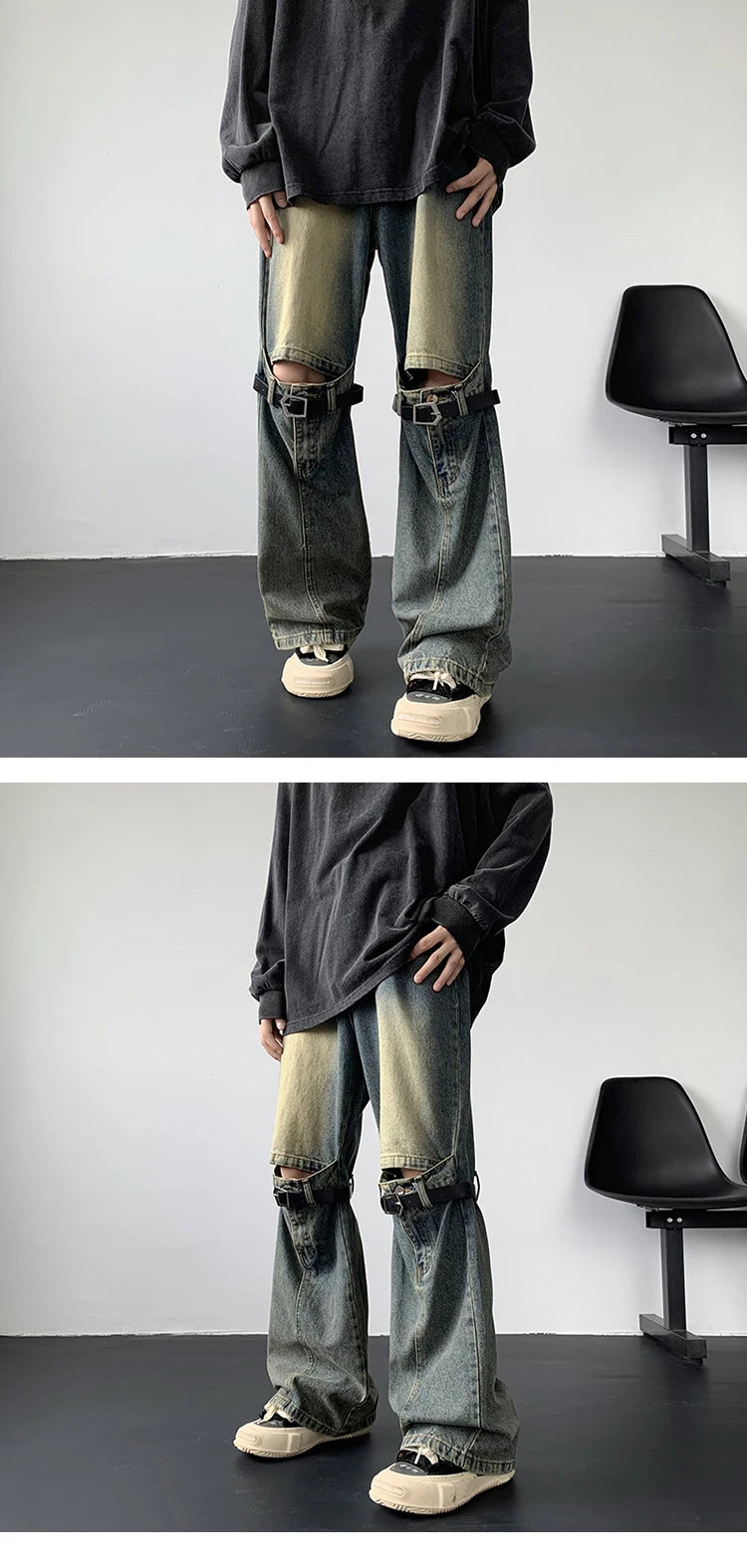 Threebooy Men's Jeans Retro Trousers Knee Holes Splicing High Street Loose Denim Trousers Flared Jeans Straps Cowboy Casual Long Pants