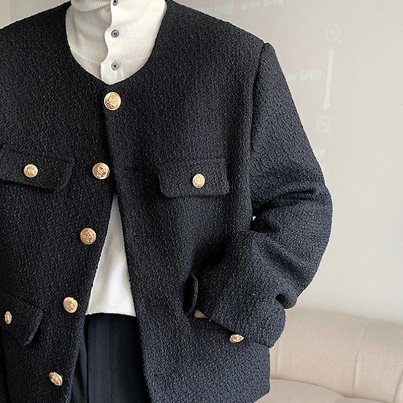 Threebooy Korean Style Fashionable Tweed Round Neck Jacket Men Japanese Trendy High-end Single-breasted Short Jacket with Temperament