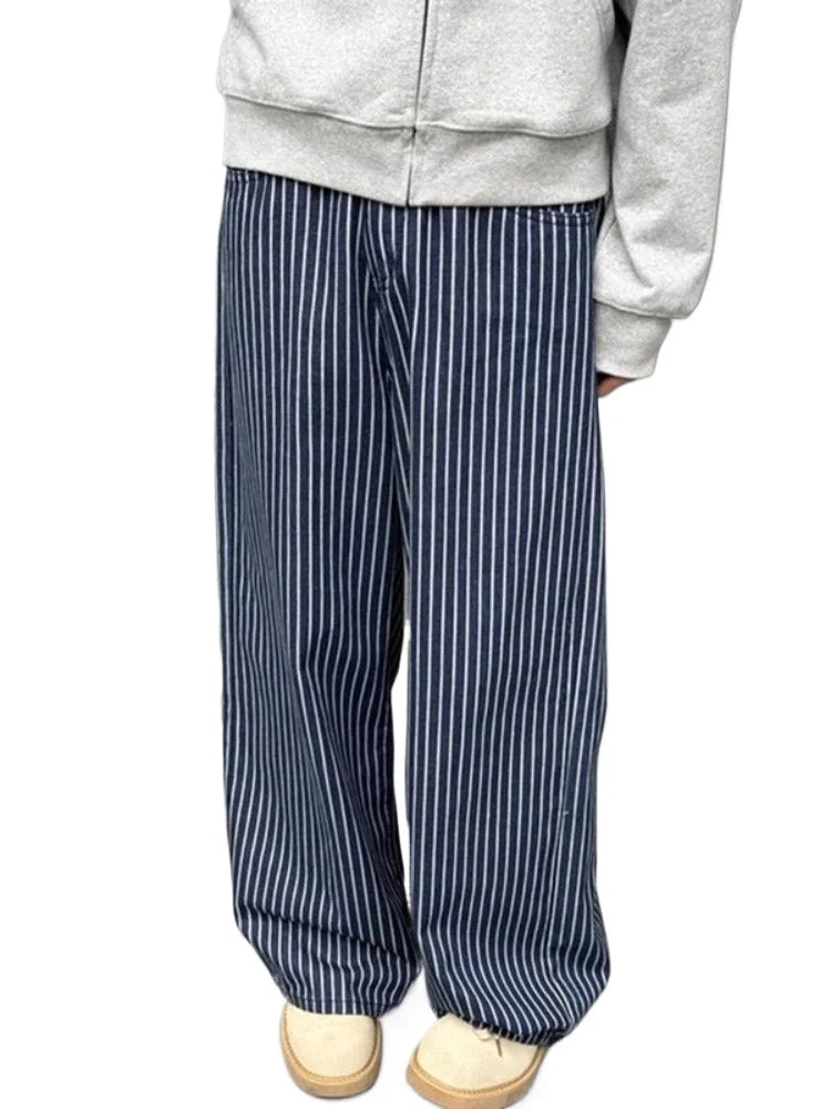 Threebooy  Vintage Blue Striped Jeans Women Y2k Hip Hop Grunge Straight Denim Trousers Punk High Waist Streetwear Wide Leg Jeans