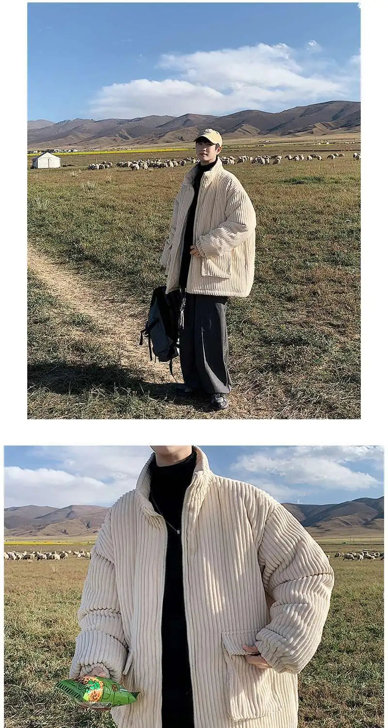 Threebooy Korean style autumn and winter men and women trendy personalized corduroy jacket for couples loose retro Harajuku casual top y2k