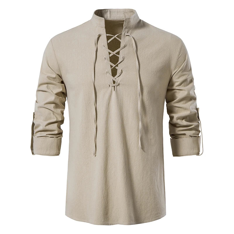 Threebooy  New Men's Casual Blouse Cotton Linen Shirt Tops Long Sleeve Tee Shirt Spring Autumn Slanted Placket Vintage Yoga Shirts
