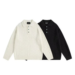 Threebooy  Winter Koran Fashion Polo Neck Button Sweaters Business Casual Striped Jacquard Knitted Pullovers High Street Y2K Knitwear