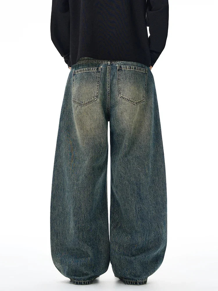 Threebooy American Classic Jeans Men's Autumn Wash Cotton Casual Loose Wide-leg Denim Pants Vintage High Street Y2K Trousers