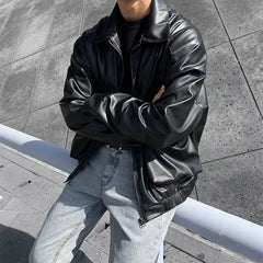 Threebooy Men's Loose Russian PU Leather Jackets Casual Fashion Trend Outerwear Top Black Color Motorcycle Jackets Baseball Coats
