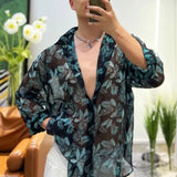 Threebooy Mens Sexy Floral Mesh See-Through Casual Long-Sleeved Shirt Genderless Fashion Versatile Personalized Lightweight Top Unisex