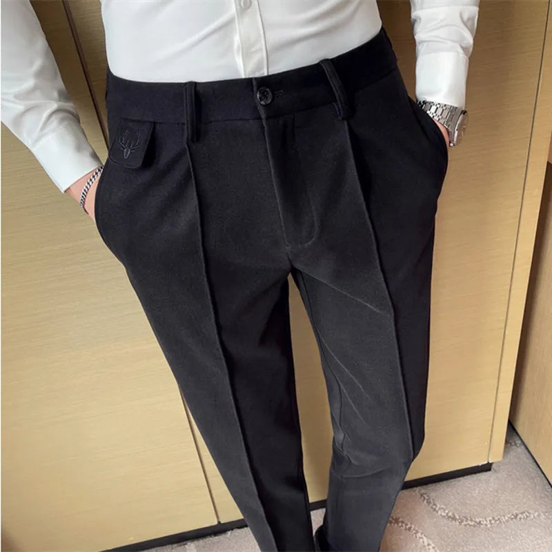 Threebooy  Autumn Winter New Business Suit Pants Men Casual Formal Slim Fit Classic Office Woolen Straight Trousers Male Pants 28-36