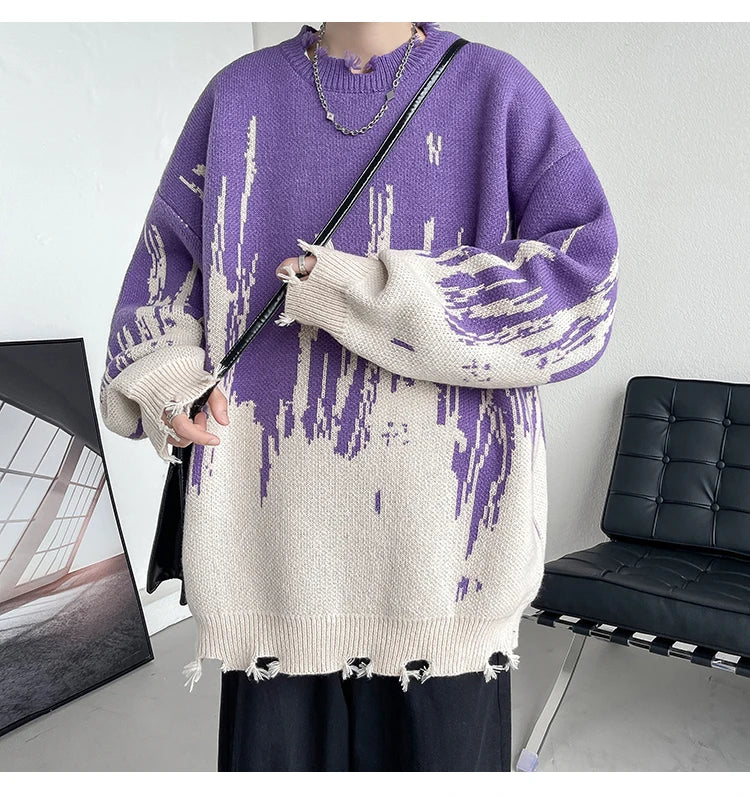 Threebooy Hip Hop Ripped Punk Knitted Sweaters Men Oversized Harajuku Streetwear Sweaters Winter Couples Fashion Knit Pullovers Tops