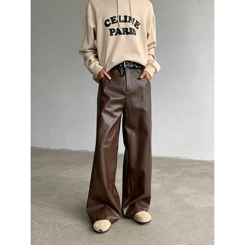 Threebooy PU Leather Pants men Straight Spring Men's Punk Fashion Hip Hip Men Wide-leg Mopping Trousers Windproof Dark Brown/Black