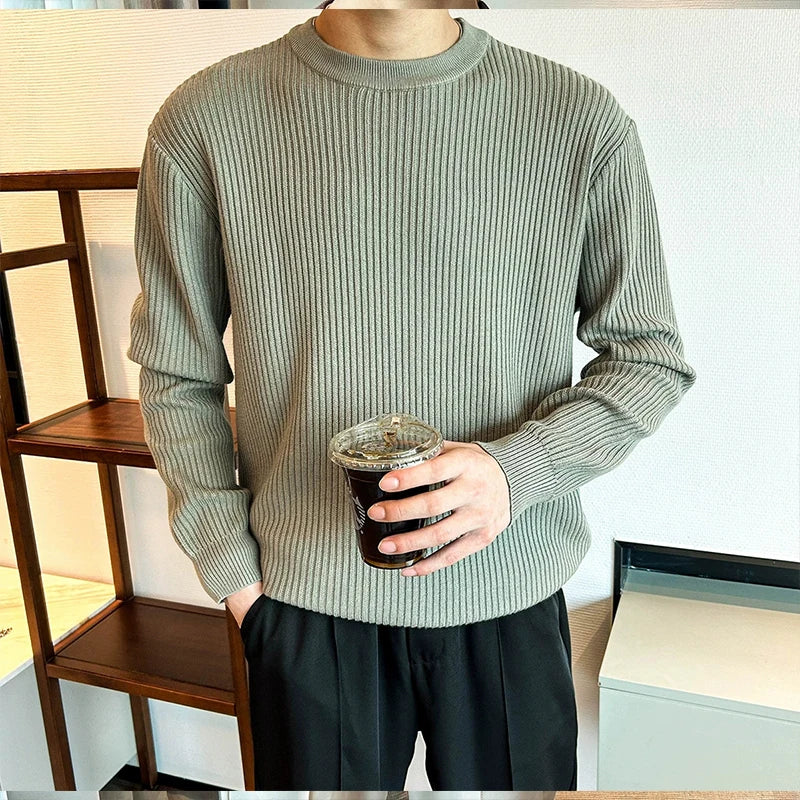 Threebooy  New Korean Retro Men Basic Sweater Luxury Knitted Solid Color O Neck Long Sleeve Pullover Casual Slim Premium Quality Knitwear
