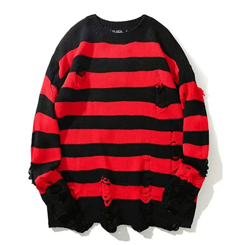 Threebooy  Black Stripe Sweaters Destroyed Ripped Sweater Men Pullover Hole Knit Jumpers Men Oversized Sweatshirt Harajuku Long Sleeve Tops