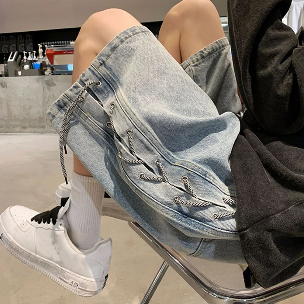 Threebooy Summer New Webbing Denim Shorts Men's Niche Loose Trendy Brand Retro Jeans Thin Casual Five-Point Pants Y2K Streetwear Fashionab