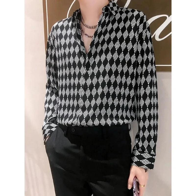 Threebooy  Spring Autumn Fashion Pure Cotton Turn-down Collar Long Sleeve Diamond Check Blouse Men's Clothing Trend Button Vintage Shirts