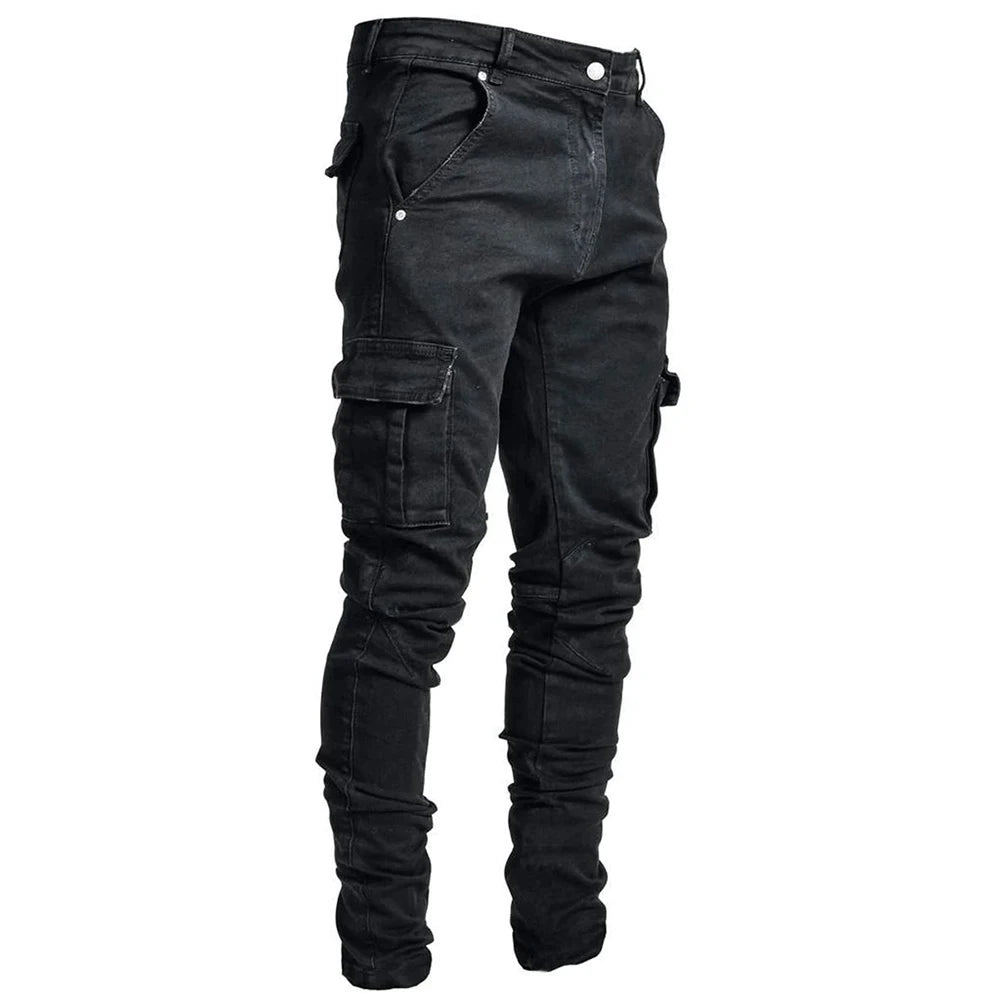 Threebooy Street Elastic Jeans Men Denim Cargo Pants Wash Solid Color Multi Pockets Casual Mid Waist Trousers Slim Fit Daily Wear Joggers