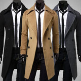 Threebooy Autumn Winter Men Long Trench Coat Double-breasted Solid Color Simple Mid-Length Windproof Thick British Fashion Slim Jacket