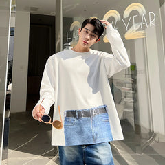 Threebooy Korean Street fashion Spring Casual Men Personality Jeans Print Long Sleeve T-shirts Sweatshirt Patchwork Loose Sweatshirts