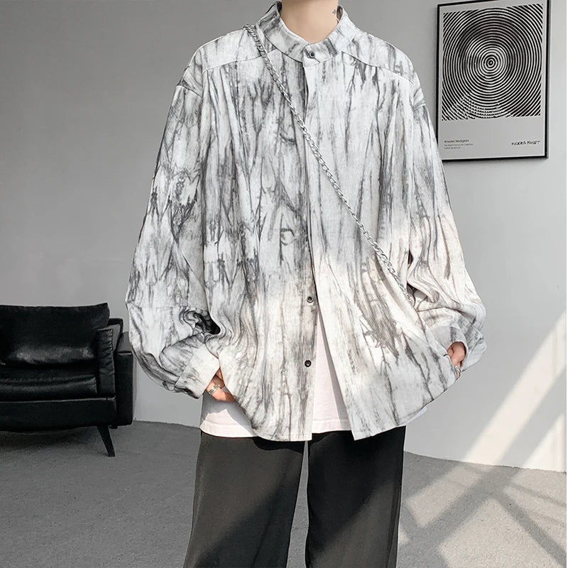 Threebooy Stand Collar Tie-dye Shirt Men Handsome Long Sleeve Men's Clothing Spring Autumn Korean Loose Streetwear Casual Shirts