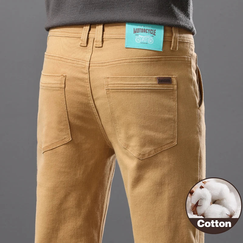 Threebooy Men's Cotton Elastic Jeans Fitted Straight Business Casual Trousers Soft Comfortable Fashion Korean Denim Pants