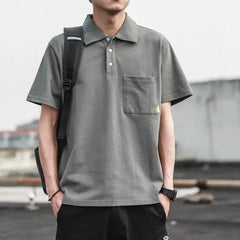 Threebooy  Summer Solid Color Minimalist Polo Shirt Mens Loose Collar Short Sleeve Pocket Trendy T Shirt