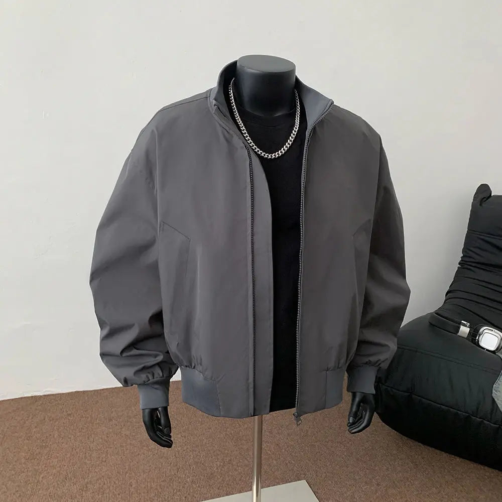 Threebooy American Simple Lapel Jacket Men's Spring Autumn Handsome Cleanfit Stand Collar Short Jacket Men's Cityboy Preppy Zipper Coat