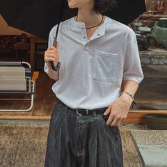 Threebooy  New Fashion Korean Style Men T-shirt Light Luxury Henry Collar Tops Casual Loose High Quality Solid Color Half Sleeve Tees M-2XL