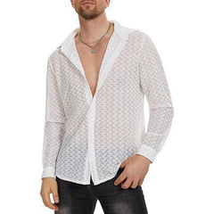 Threebooy Mens Sexy See-Through Casual Long-Sleeved Shirt Genderless Simple Thin Basic Versatile Loose Solid Color Printed Top Unisex