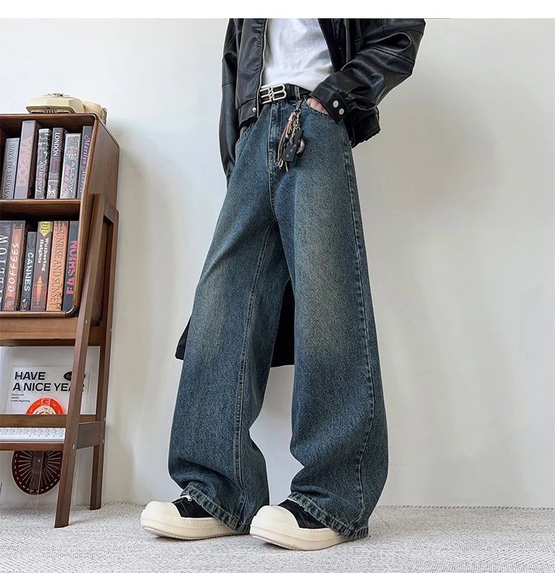 Threebooy Men's Wide Leg Curved-Knife Jeans Summer American Bamboo Pattern Striped Texture Design Men Trendy Denim Pants 2025 Baggy Jeans
