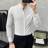 Threebooy British Style Striped Shirts Mens Long Sleeve Business Formal Dress Shirt Casual Slim Fit Shirt Streetwear Social Party Clothing