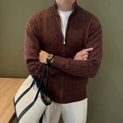 Threebooy Autumn Retro Men's Zipper Cardigan Jacket Trending Jacquard Solid Color Long Sleeve Sweater Coats Premium Quality Knit Outerwear
