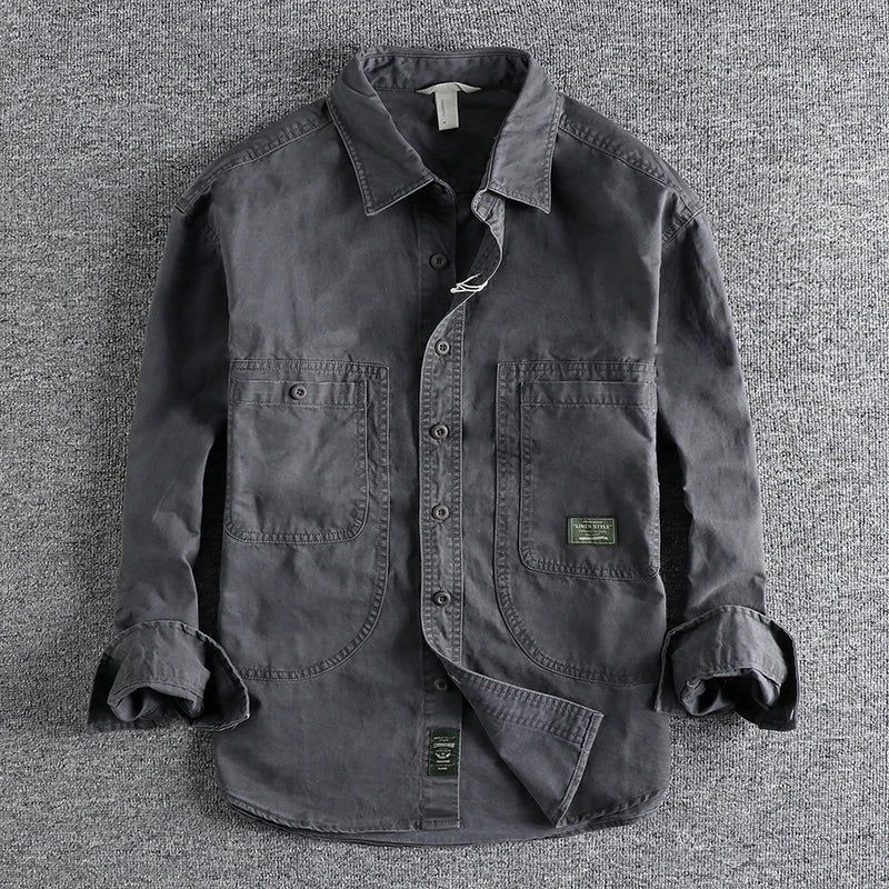 Threebooy  Tough Guy Style Heavyweight Washed Old Work Shirt Men's American Cargo Styles Daily Casual Versatile Long Sleeve Shirt Jacket