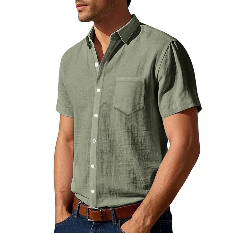 Threebooy Summer Solid Cotton Linen Lapel Short Sleeved Shirt For Men Casual Pocket American Style Shirts And Blouses