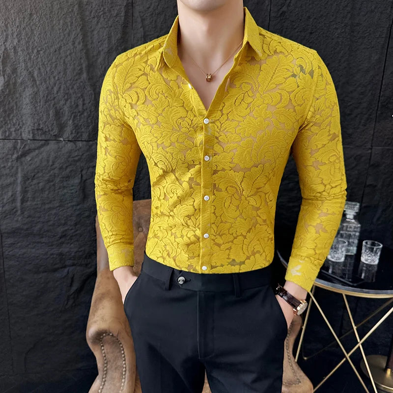 Threebooy  Sexy Mesh See Through Flower Lace Sheer Shirt for Men Long Sleeve Casual Shirts Social Party Tuxedo Nightclub Event Prom Shirts