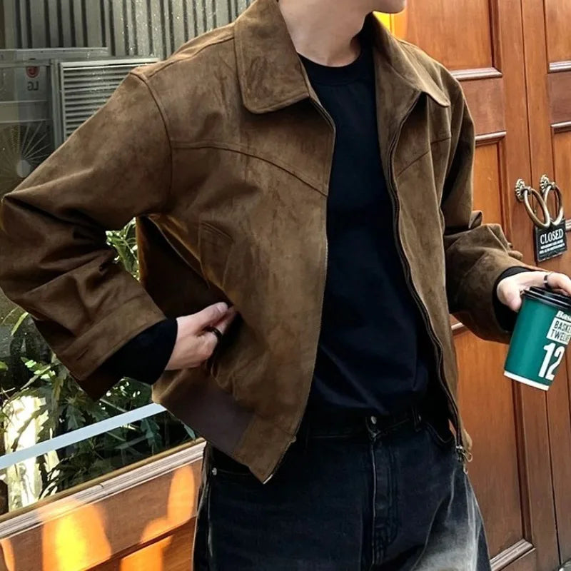 Threebooy Elegant Solid Brown Coat Men's Spring Autumn High-end Loose Lapel Plush Top Winter New Zipper Short Jacket Vintage Streetwear
