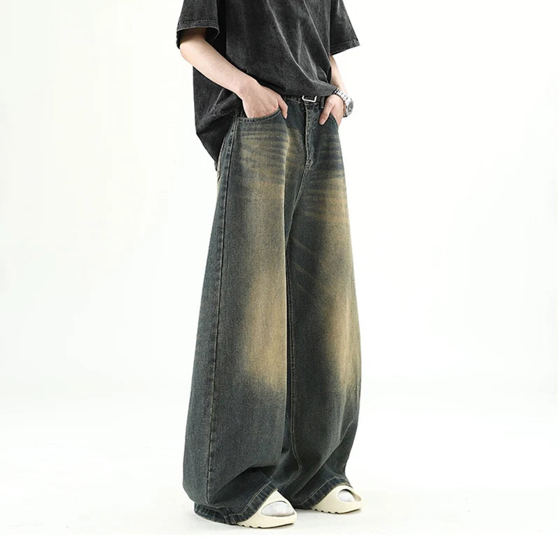 Threebooy  Men Denim Pants Old Blue Washed Male Jeans Straight Casual Menwear Loose Wide Leg Trousers New Fashion Korean High Street Denim