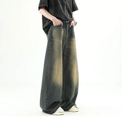 Threebooy  Men Denim Pants Old Blue Washed Male Jeans Straight Casual Menwear Loose Wide Leg Trousers New Fashion Korean High Street Denim