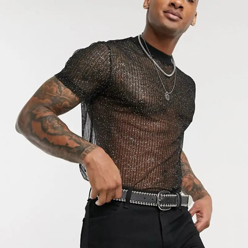Threebooy  Men's Short Sleeve Mesh T Shirt Sheer Slim Fit Shiny Sexy See-through Party Nightclub Thin Breathable Clothing Leisure Tees
