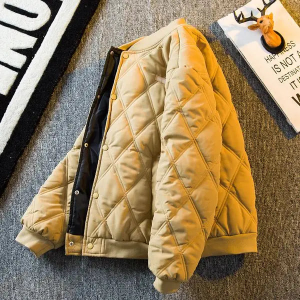 Threebooy Men's Parkas Rhombus Padded Cotton Winter Thickened Retro Casual Baseball Uniforms Warm Coat Stand Collar Single-breasted Coats