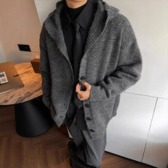 Threebooy Winter Men's Hooded Cardigan Japanese Retro Loose Button-down Knitted Sweater Coats Premium Quality Long Sleeve Pocket Hoodies